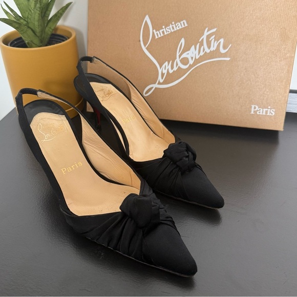 Christian Louboutin black satin Francaise slingback low heels - size 37.5 (US 7) - Picture 1 of 6
